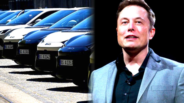 독일의 한 행사장에 전시된 BYD 차량, 일론 머스크