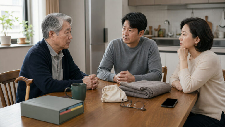 부모님 병원비와 간병비 기록을 가족이 정리하는 모습