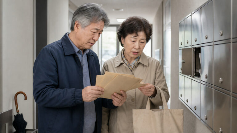 지방세 고지서를 정리하며 상담을 준비하는 은퇴 가구의 모습