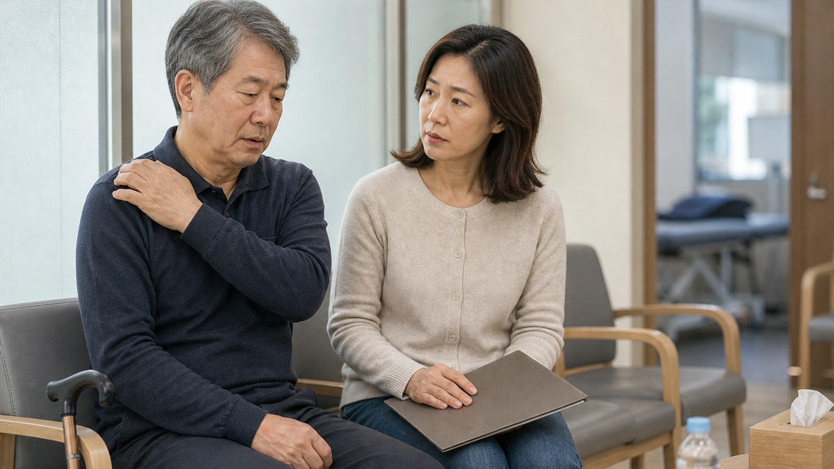 부모님 병원비와 도수치료 영수증을 가족이 확인하는 모습