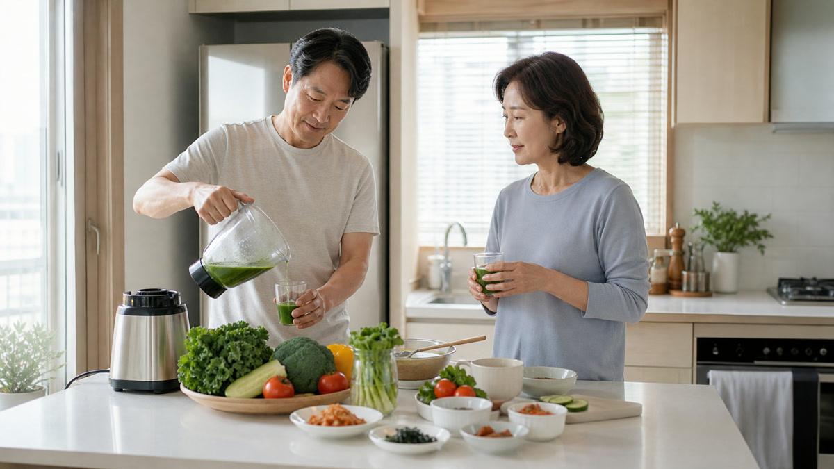 "좋은 음식도 이렇게 먹으면 독 된다"…5060 아침 식탁, 치명적 음식 TOP4 2 아침 채소주스 확인 장면