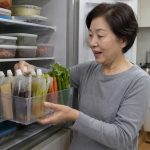 냉장고 수납함의 치수와 식재료 배치를 확인하는 5060 가정