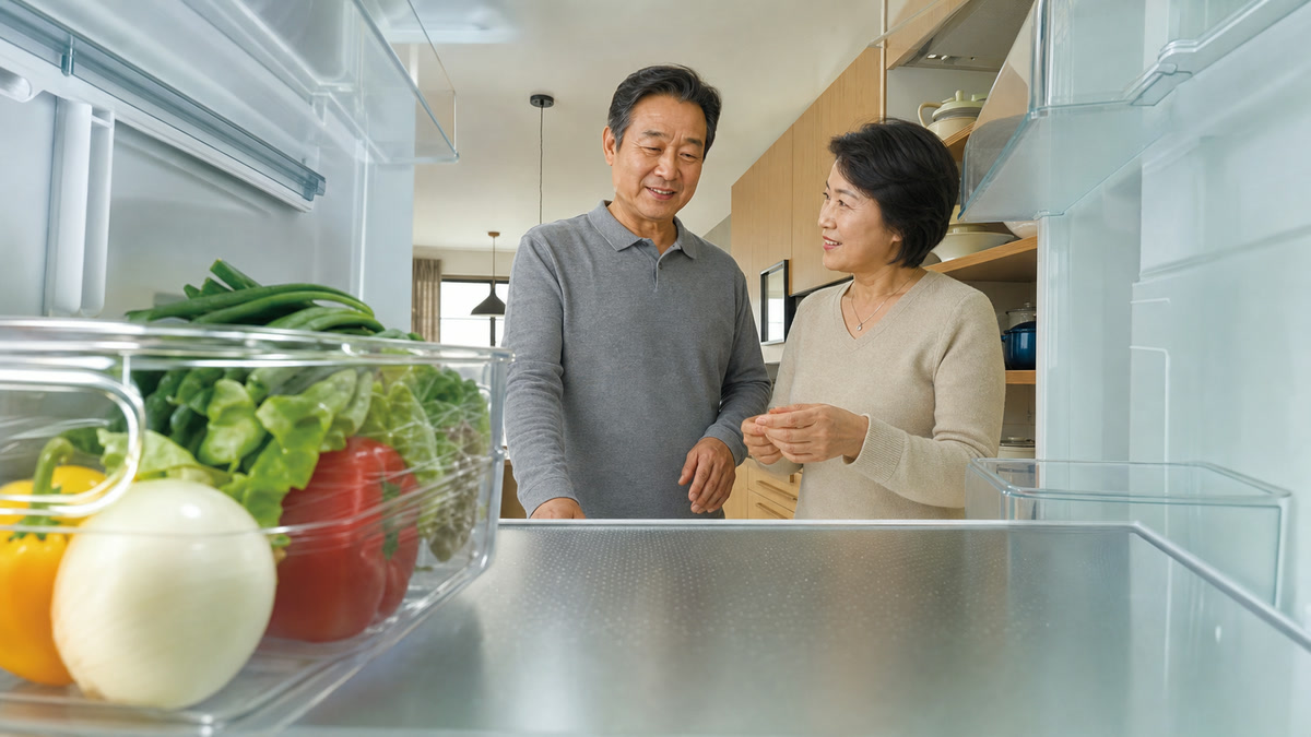 "냉장고 문 열 때마다 돈 샜다?"…다이소 2천원 '이것' 등장에 주부들 '발칵' 4 냉장고 수납함의 치수와 식재료 배치를 확인하는 5060 가정