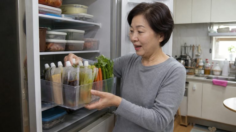냉장고 수납함의 치수와 식재료 배치를 확인하는 5060 가정