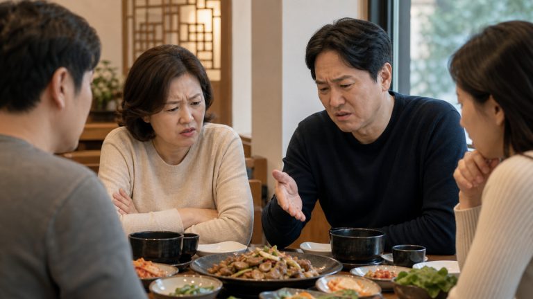 식당 불평 뒤 어색한 식탁