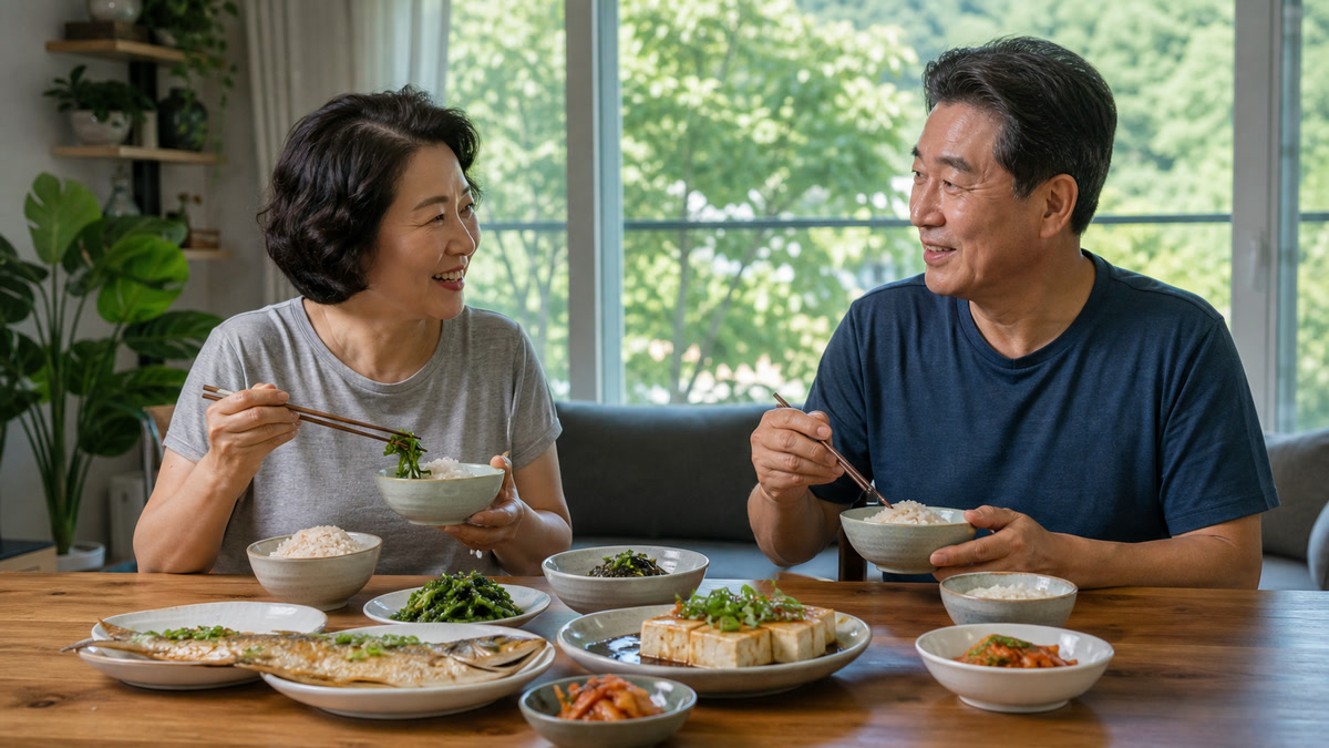 60대 식탁에서 두부를 다양한 단백질 음식과 함께 활용하는 한 끼