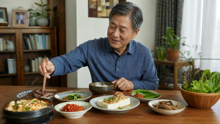60대 식탁에서 두부를 다양한 단백질 음식과 함께 활용하는 한 끼