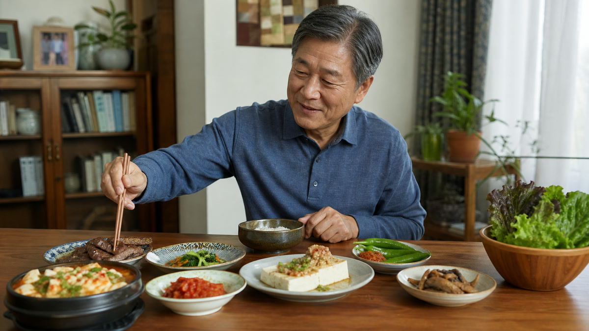 60대 식탁에서 두부를 다양한 단백질 음식과 함께 활용하는 한 끼