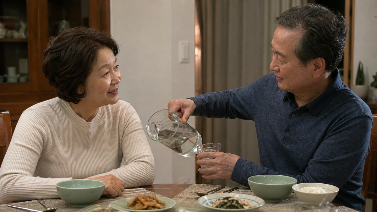 오래 산 부부가 평범한 돌봄에 대한 감사의 말을 오늘 건네는 장면